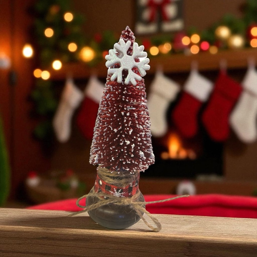 Festive Red Bottle Brush Holiday Tree with Snowflake Ornament